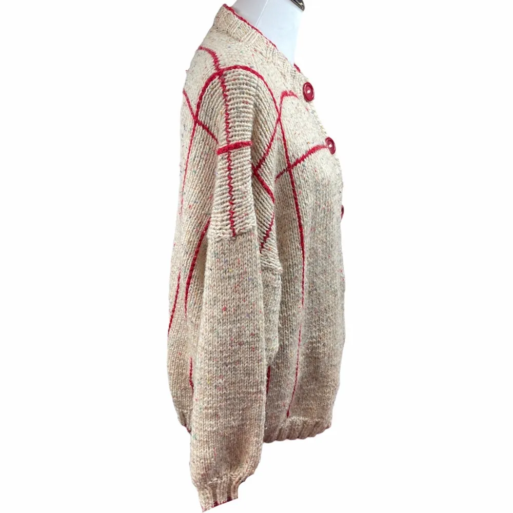 Knit Button Up Sweater, Cream, Red, X - Image 3