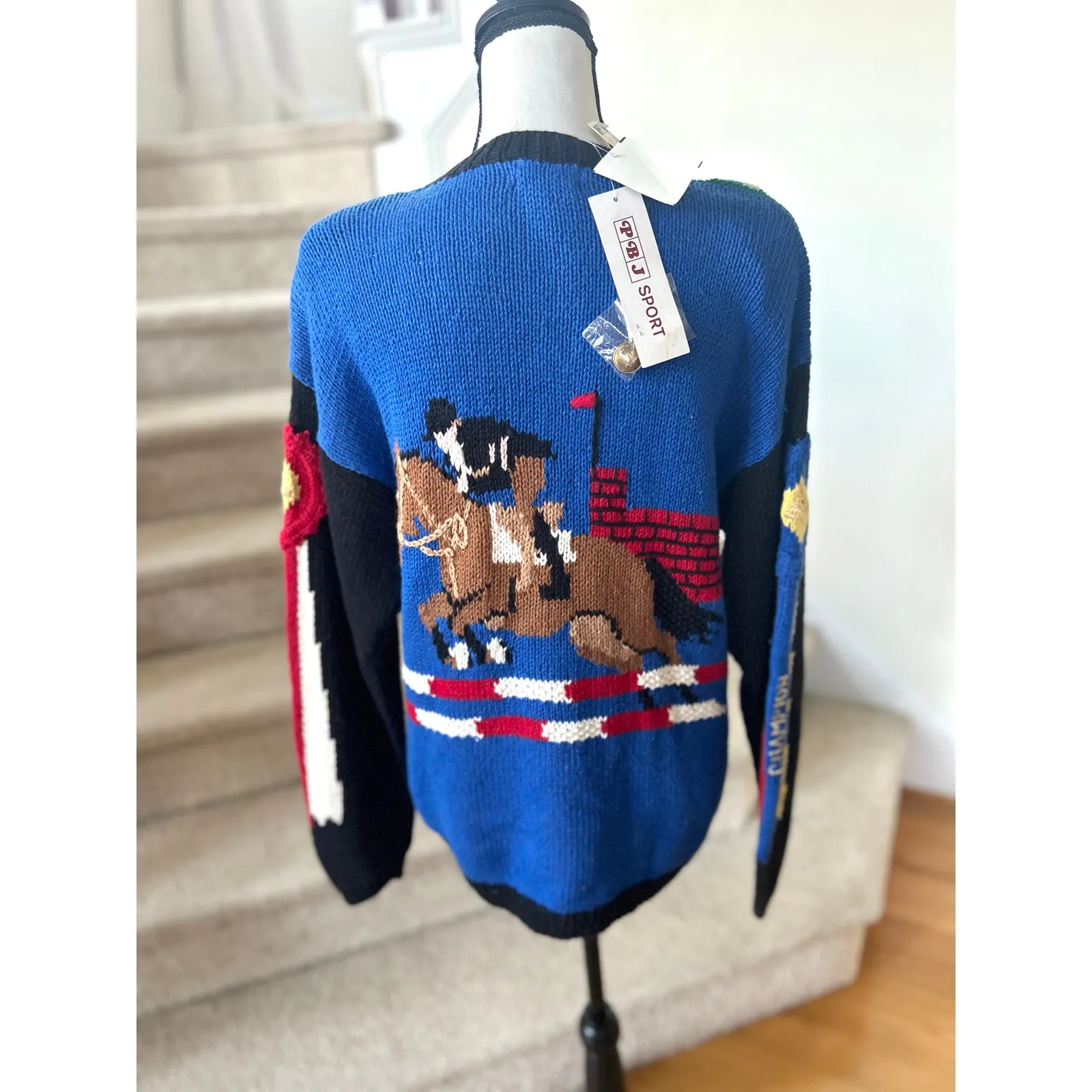 NWT Vintage 90s Knit Equestrian Horseback Riding Race Red Blue Green Cardigan Black Size M - Image 4