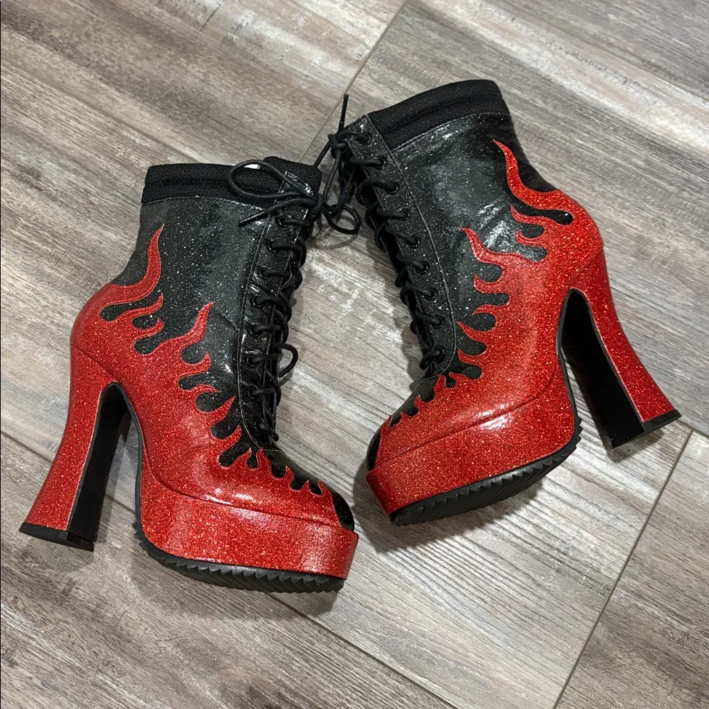 High Heel Platform Glitter Flames Lace Up Ankle Boots size 6 Black - Image 2
