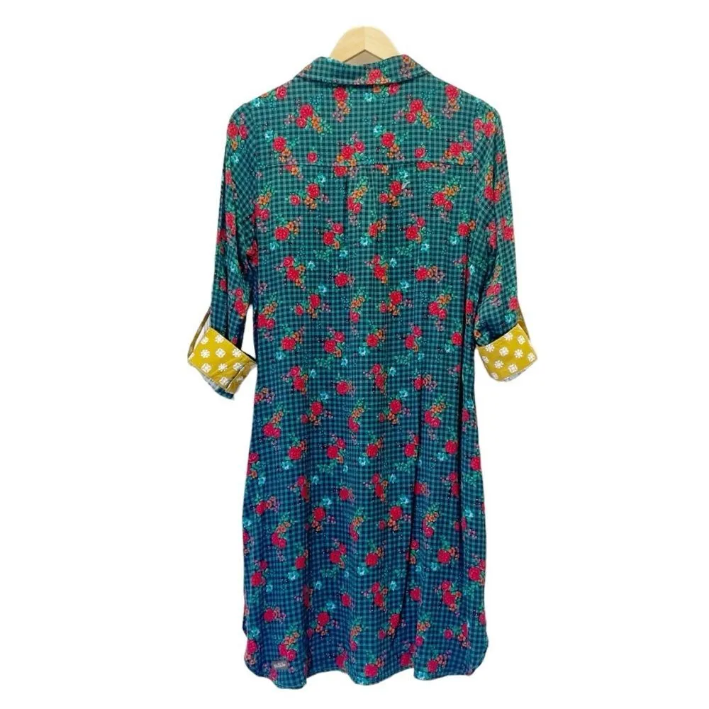 Matilda Jane Fa La La Teal Gingham Red Yellow Floral Shirt Dress Size Medium - Image 10