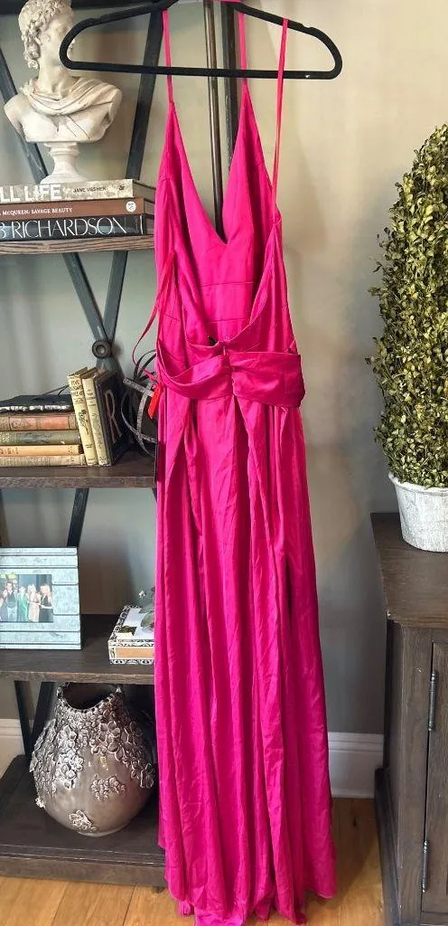 Ieena Mac Duggal Charmeuse Halter Strap Soft Tie Waist Gown Magenta Womens Size - Image 7