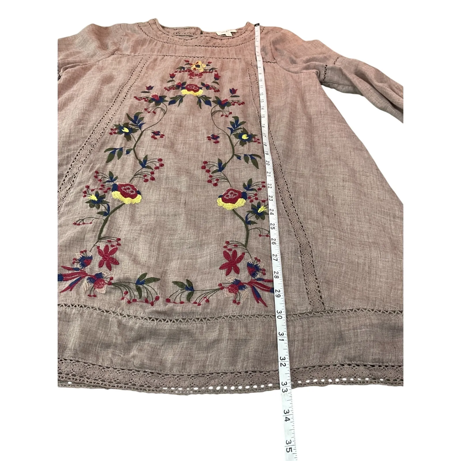 Umgee USA Embroidered Floral Long Sleeve Tunic Dress Tan Size M Brown Size M - Image 7