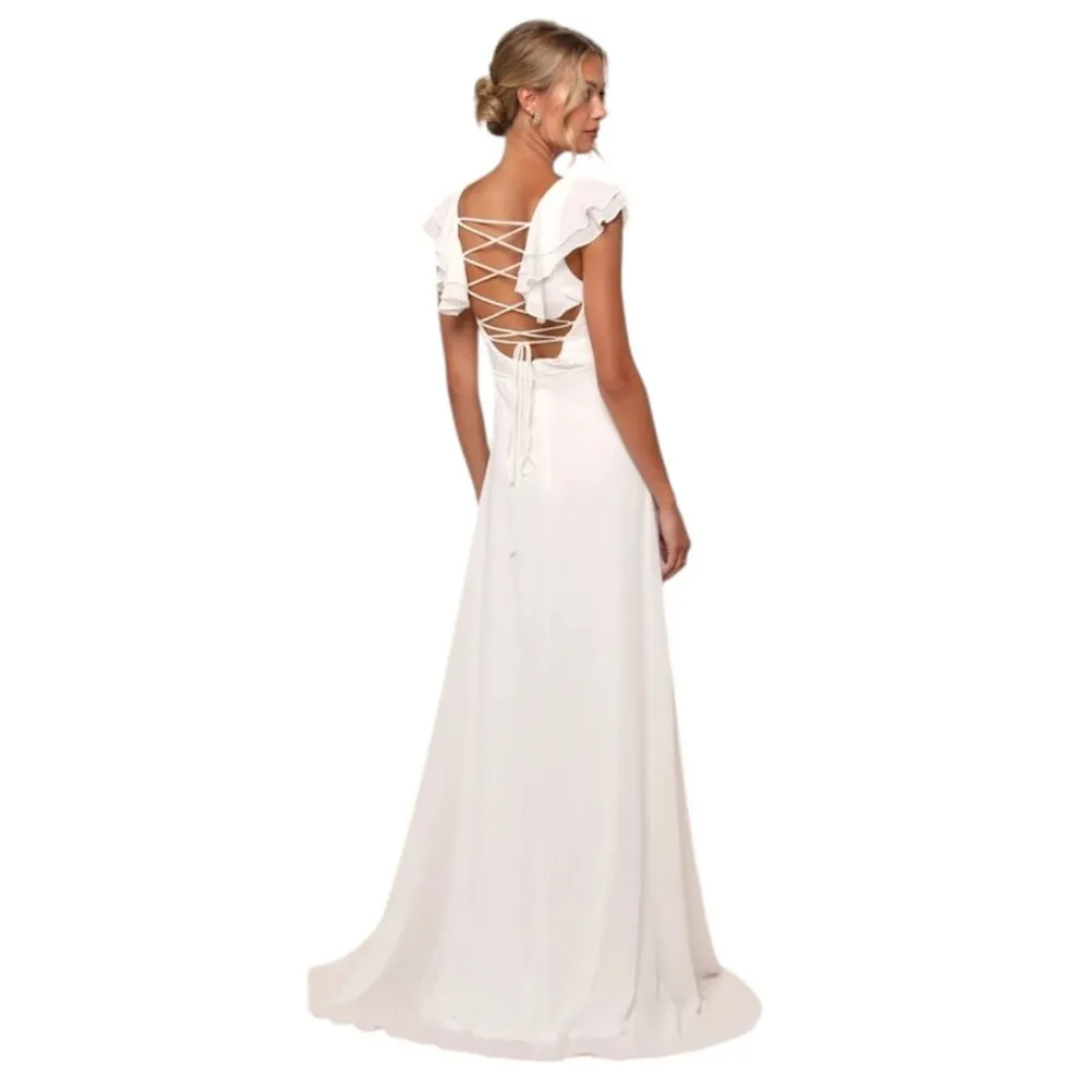 Lulus White Ruffle Sleeve Wedding Dress with Lace-up Back NWT Size XL - Image 2