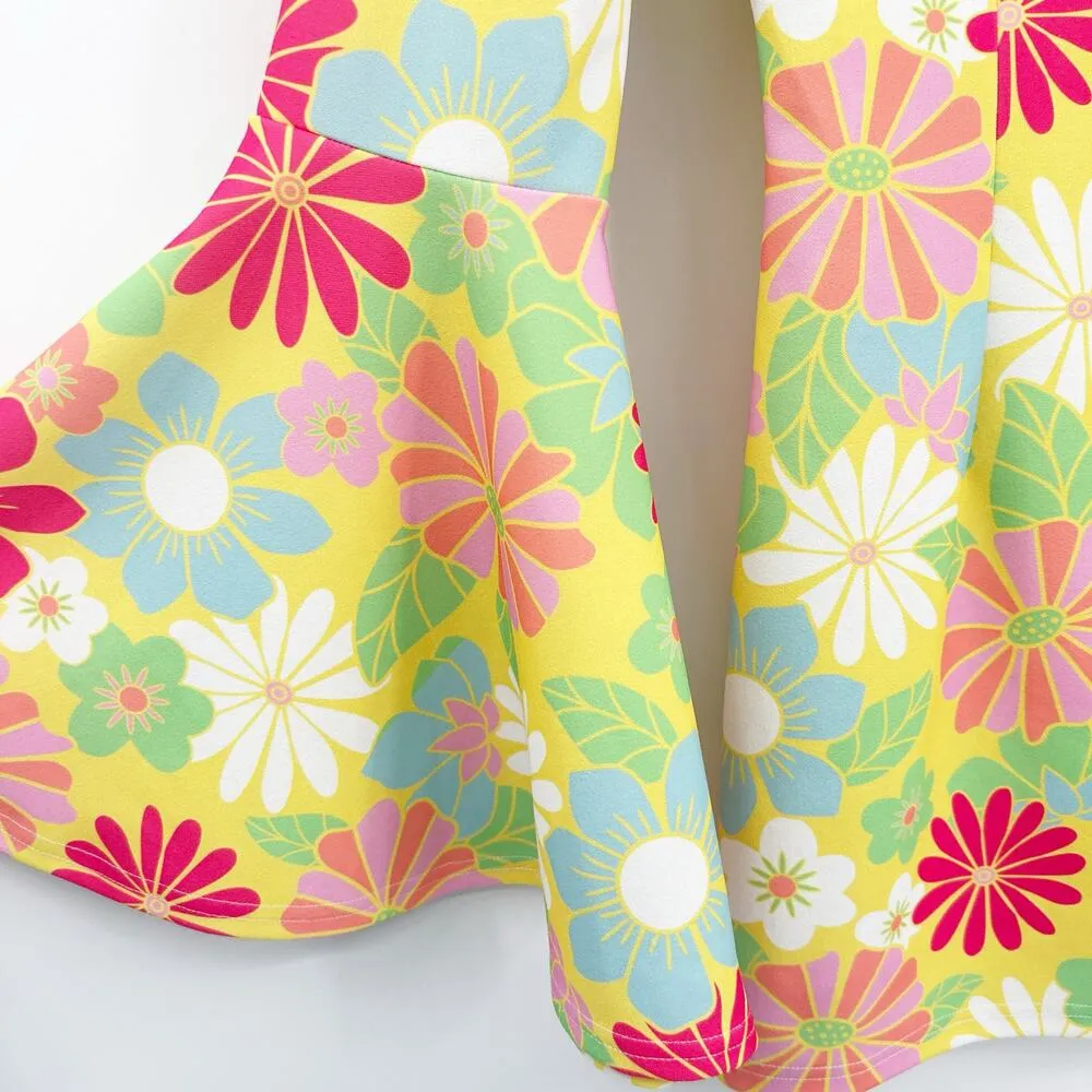 Sugar Thrillz Dolls Kill Retro Groovy Happenings Bell Sleeve Floral Mini Dress S Yellow - Image 5