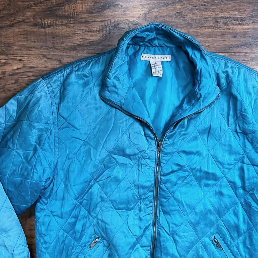 vintage • 80s silk bomber jacket quilted teal blue diamond zip front Robert Stoc Size M - Image 2