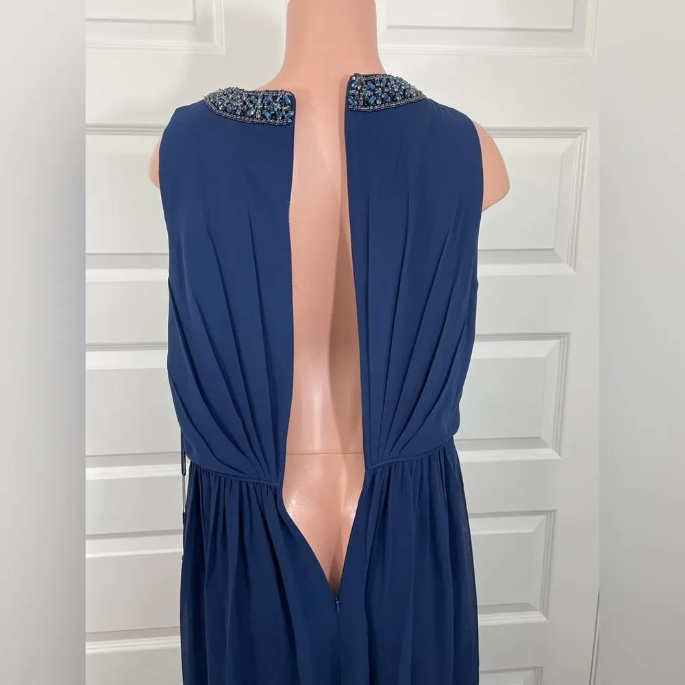 NWT Mac Duggal Ieena Bejeweled Neckline Pleated Chiffon Gown Size‎ 14 Navy Blue - Image 14