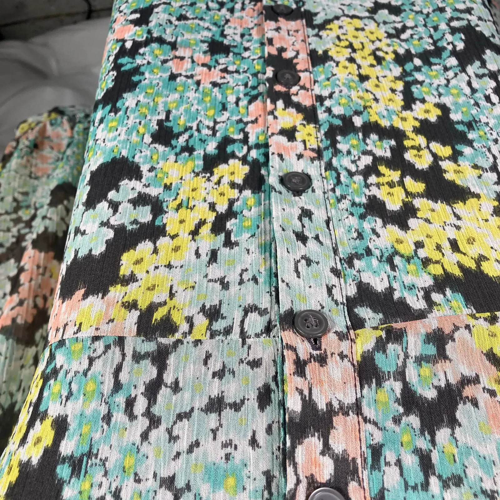 LOFT‎ Size 4 Floral Midi Dress Grey Pastel Button Front Sheer Lined Long Sleeve - Image 7