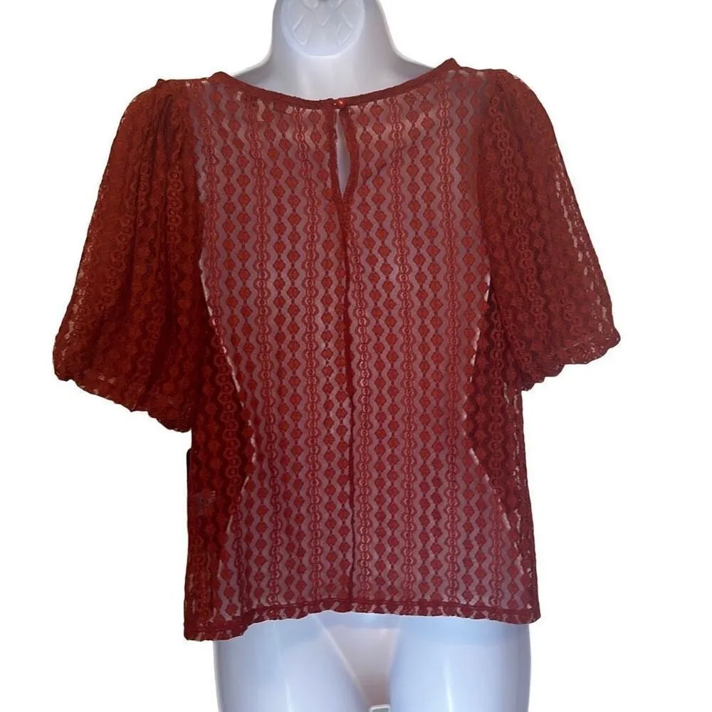 Haute Monde Short Puff Sleeve Geometric Lace Sheer NWT Orange Medium Workwear - Image 2