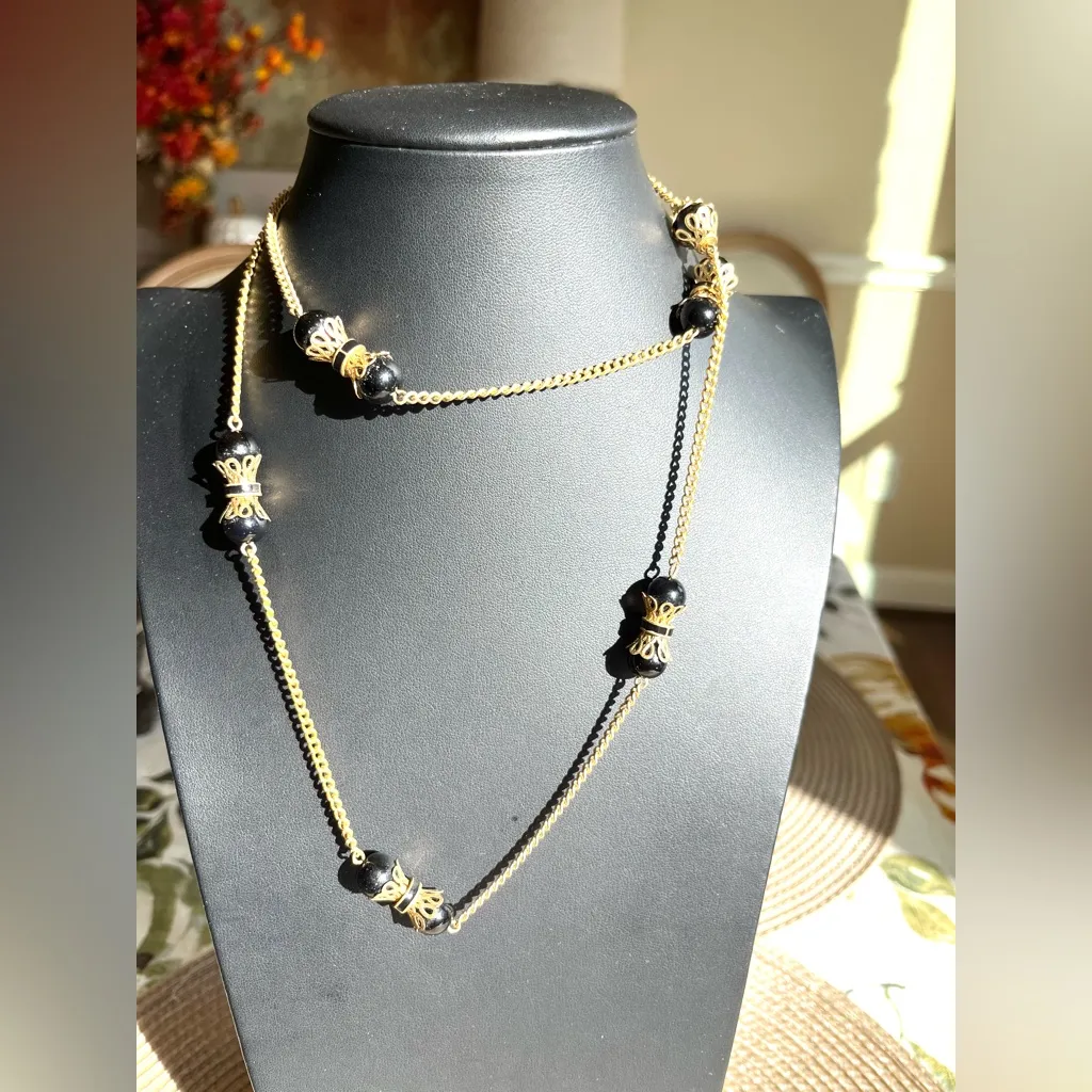 Liz Claiborne Gold and Black Beaded Necklace Stations with Gold Filigree - Image 2