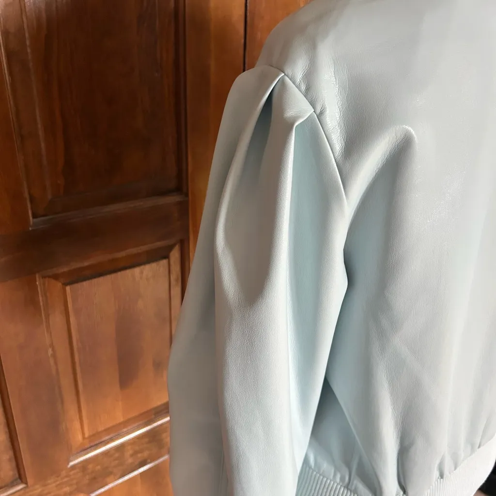 House of Harlow 1960 Vegan Faux Leather Bomber Jacket Pale Blue Size Smalll - Image 8