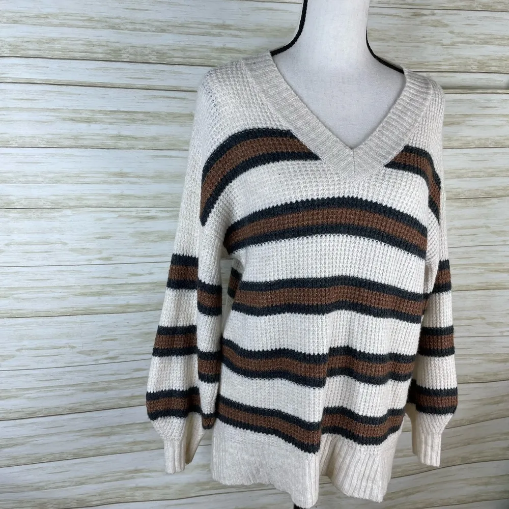 American Eagle Neutrals Wide Stripe Oversized v Neck Knit Sweater - Image 2