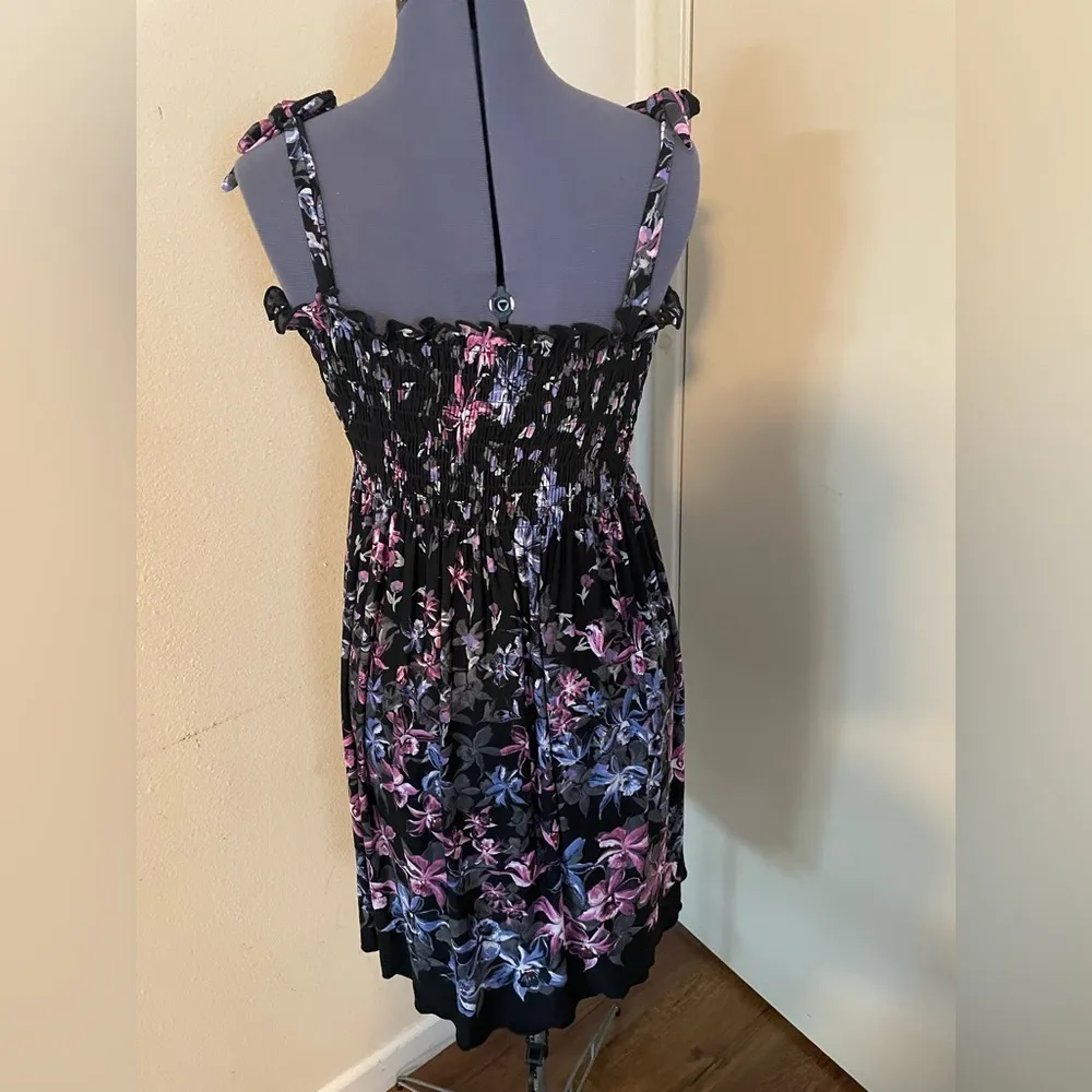 Black Mixed Floral Smocked Dress with Tie Straps - Image 3