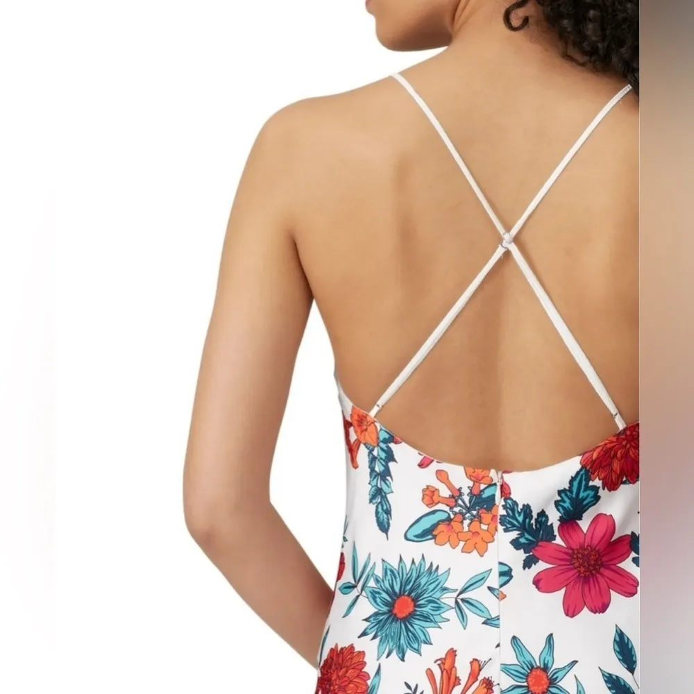 Haney Goldie Floral Bias Cut Silk Slip Dress Midi White Criss Cross Back sz 2 - Image 6