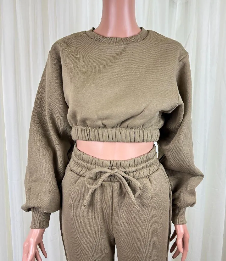 Zenana 2 Pcs Crop Sweatshirt Tracksuit Jogger Pants Set Outfit Active Loungewear XS Dusty Green - Image 6