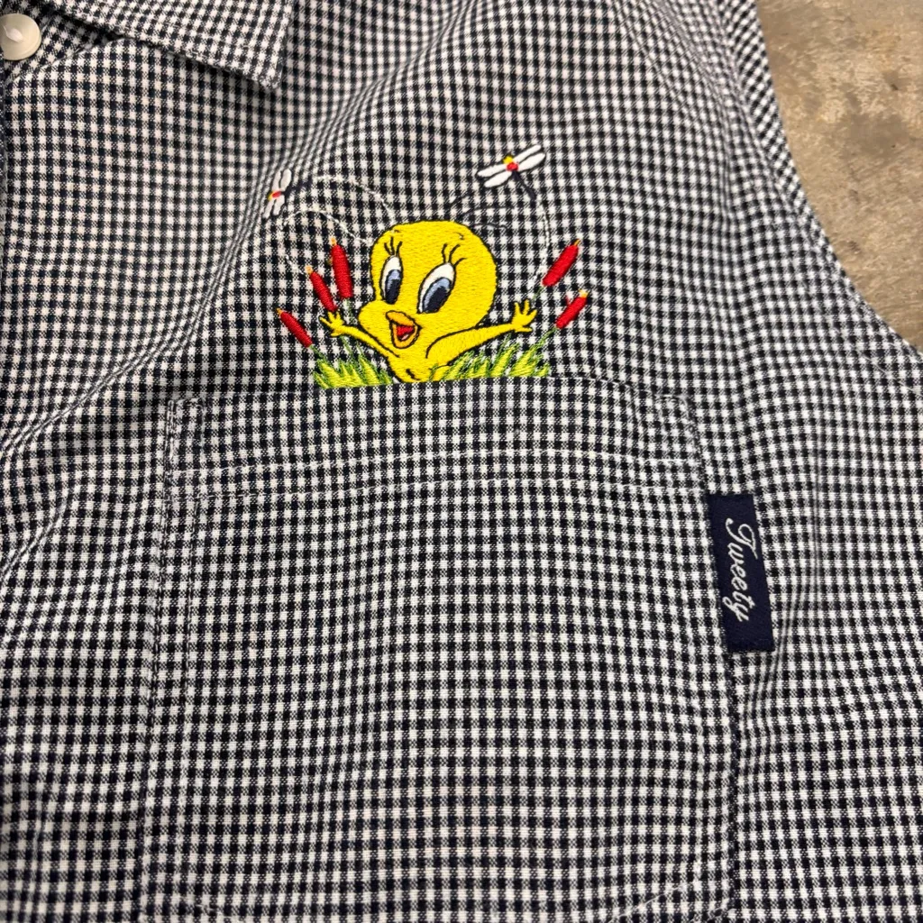 Vtg 2001 Looney Tunes Tweety Bird Gingham Sleeveless Button Up Shirt Plus 18W/20 Black - Image 2