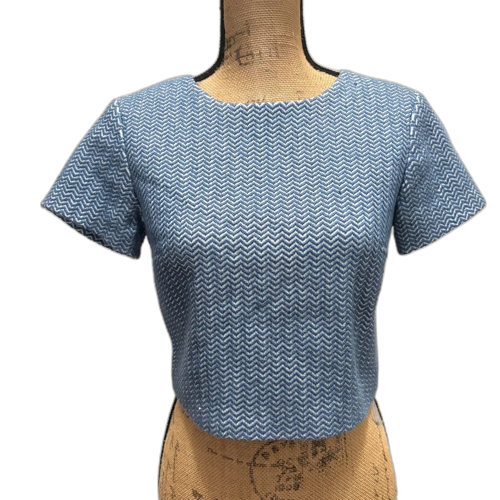 Alice +‎ Olive Sarina Chevron Print Jacquard Crop Top Blue As Seen On TV Size XS - Image 3