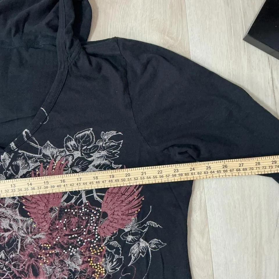 Y2K Black V Neck‎ Rhinestone Floral Embellished Long Sleeve Hoodie Grunge Size L - Image 3