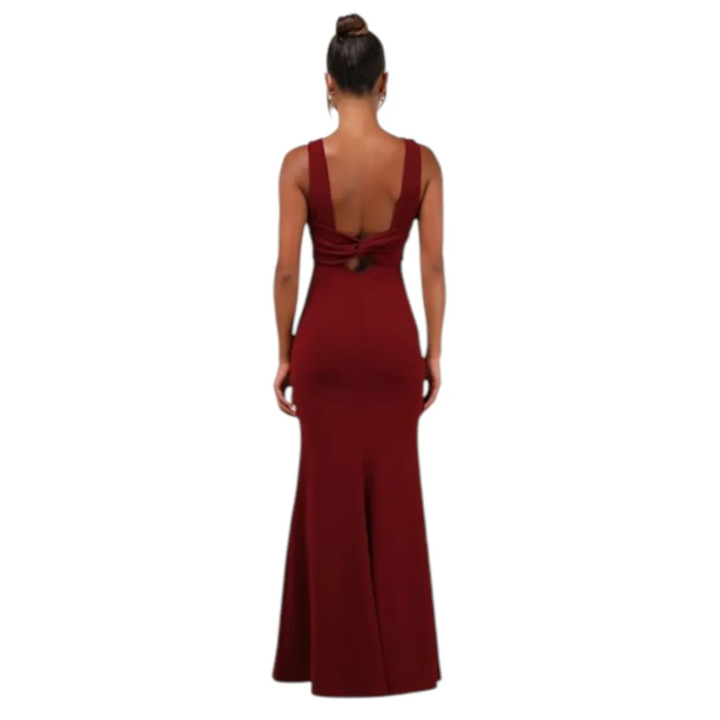 Lulus Burgundy Mermaid Maxi Dress with Knot Back Size Large Wedding Guest Dress - Image 2