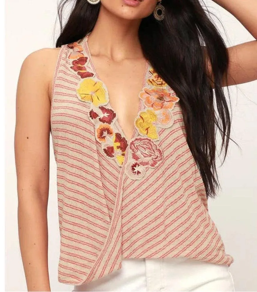 Free People Women's Frida Beige Striped Surplice Tank Top Small NWT - Image 2