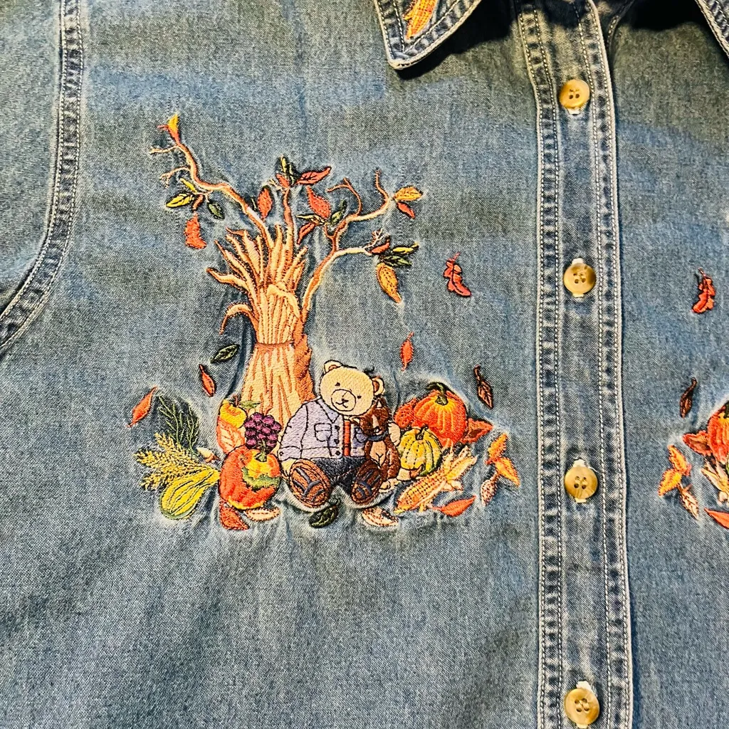 Vintage 90s Cool Blues Women's M Denim Embroidered Autumn Shirt Blue Size M - Image 2