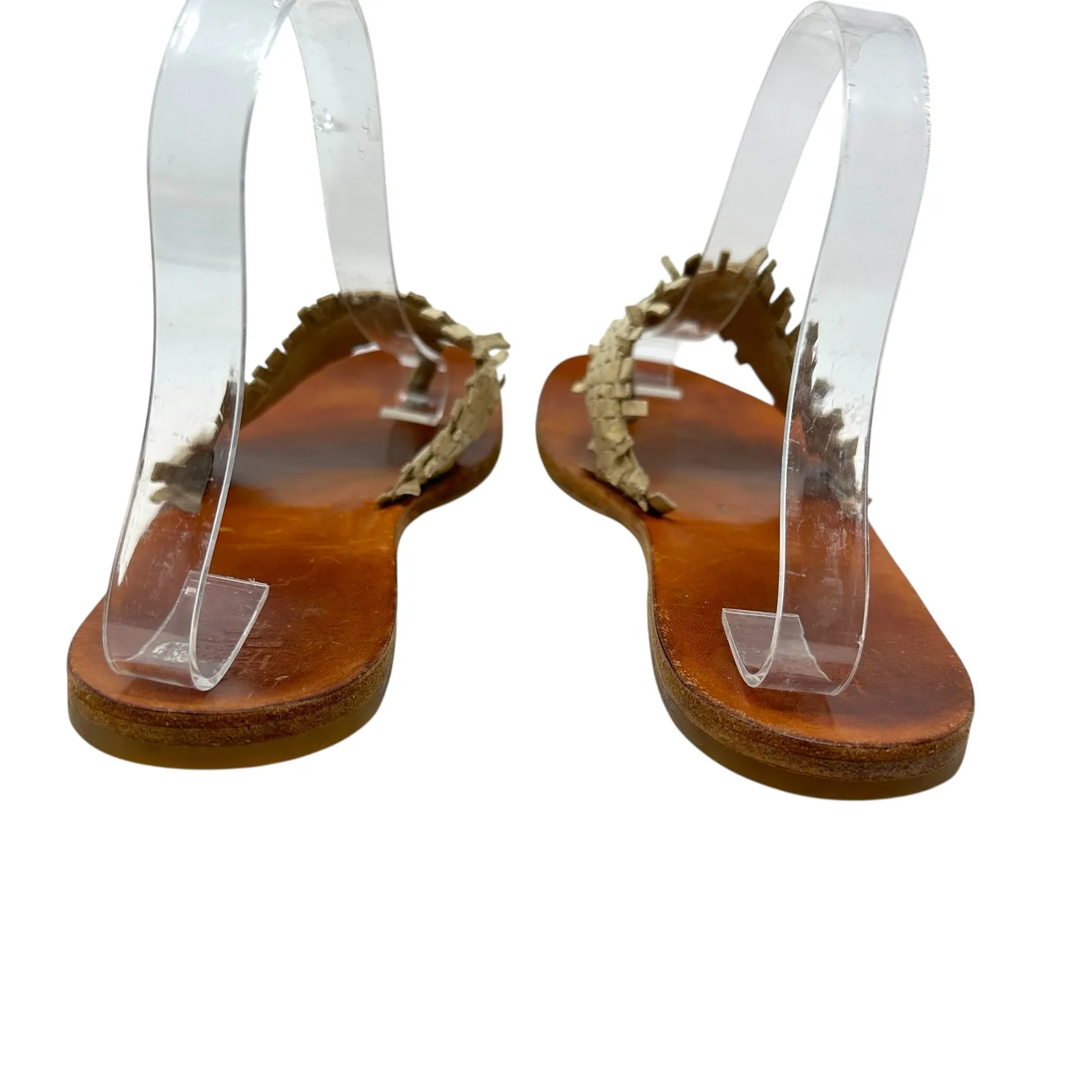 Henry Cuir Slide Sandals‎ Leather Woven Rattan Beaded Tan Brown Size 38 US 8 - Image 6