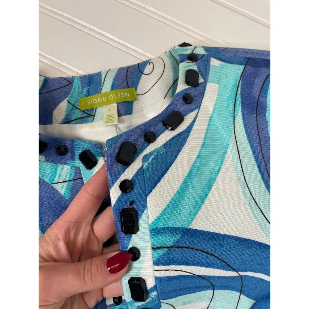 Sigrid Olsen Blue Printed Beaded Jacket Short Linen Blend Career Workwear Size 4 - Image 5