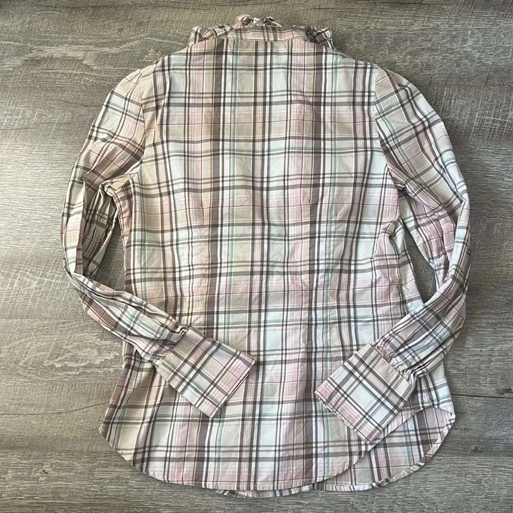 Ralph Lauren Plaid Earth Tone Ruffle Button Down Size Medium - Image 4
