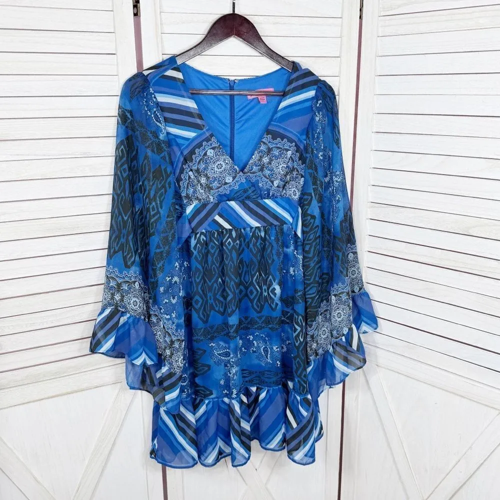 Betsey Johnson Boho Mixed Print Dress‎ Tiered Bell Sleeve Tie Back Blue 4 - Image 9