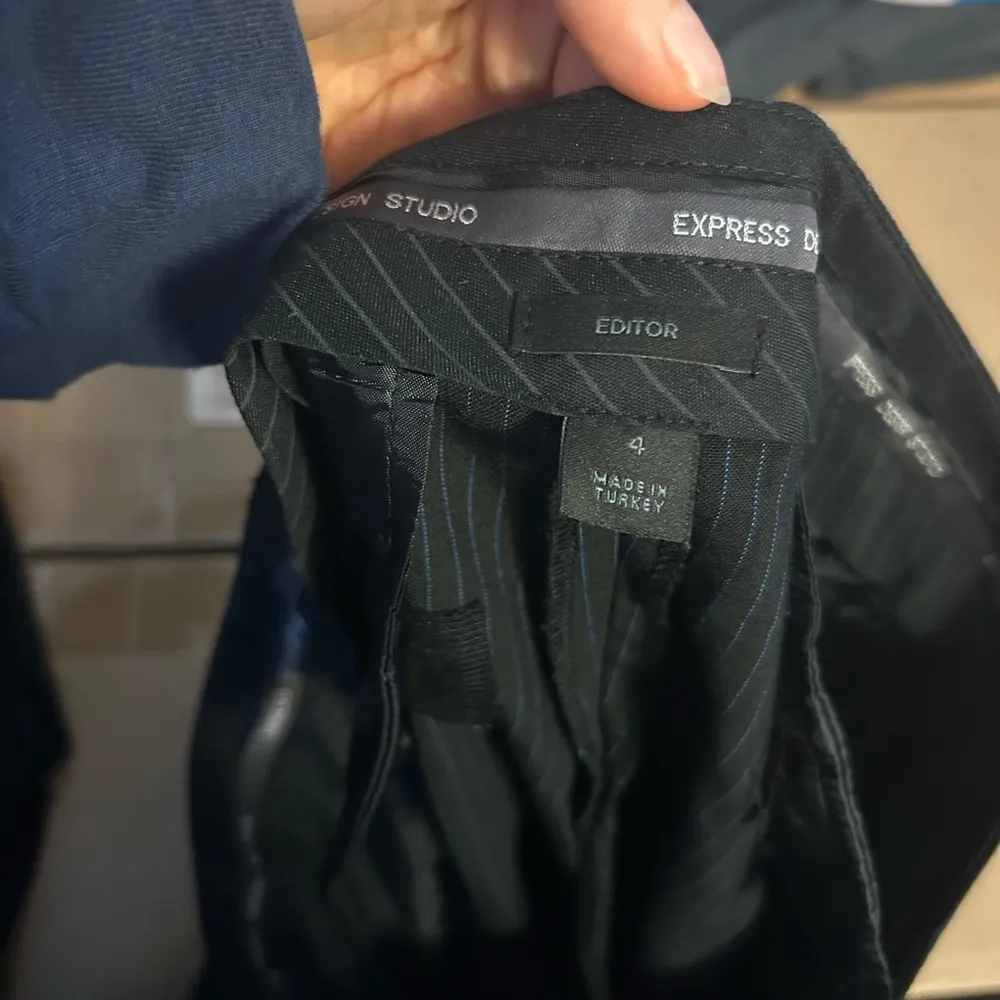 Express Editor Black and Blue Pinstripe Flare Trousers - Image 3