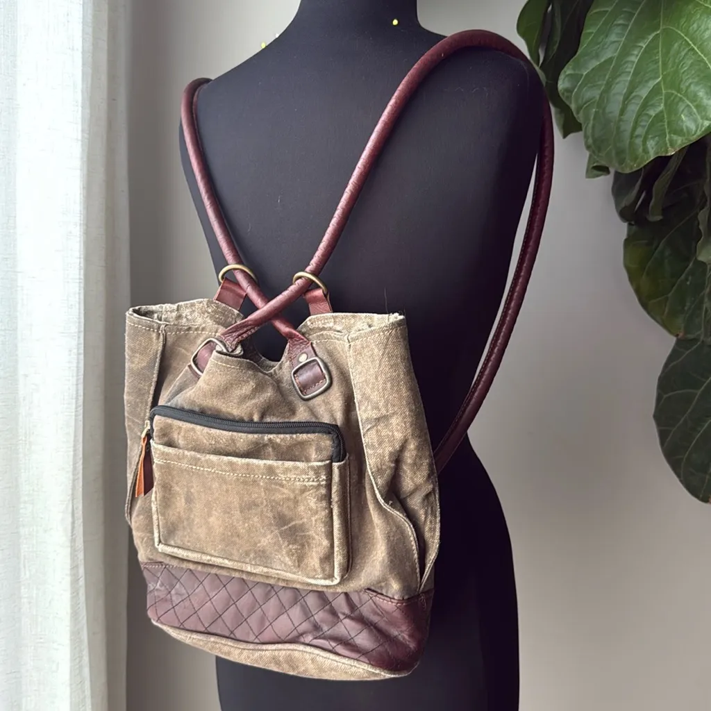 Mona B. Two In One Canvas Tote Shoulder Backpack Bag with Vegan Leather Trim Brown - Image 4