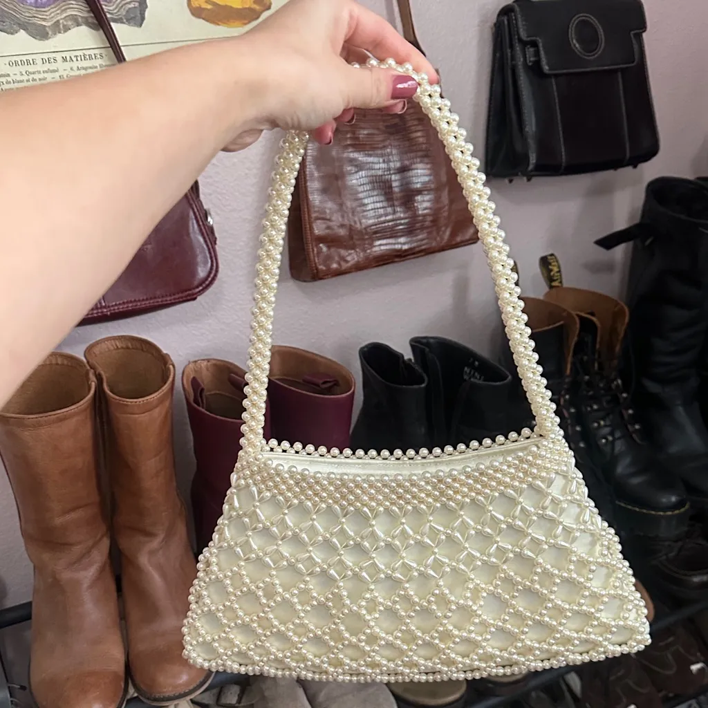 Vintage Pearl Knit Beaded Cream Shoulder Bag - Image 2