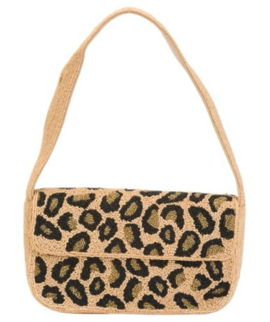 Leopard Beaded Shoulder Bag | Y2K Purse | Inside Zip Pocket | America and Beyond Tan - Image 1