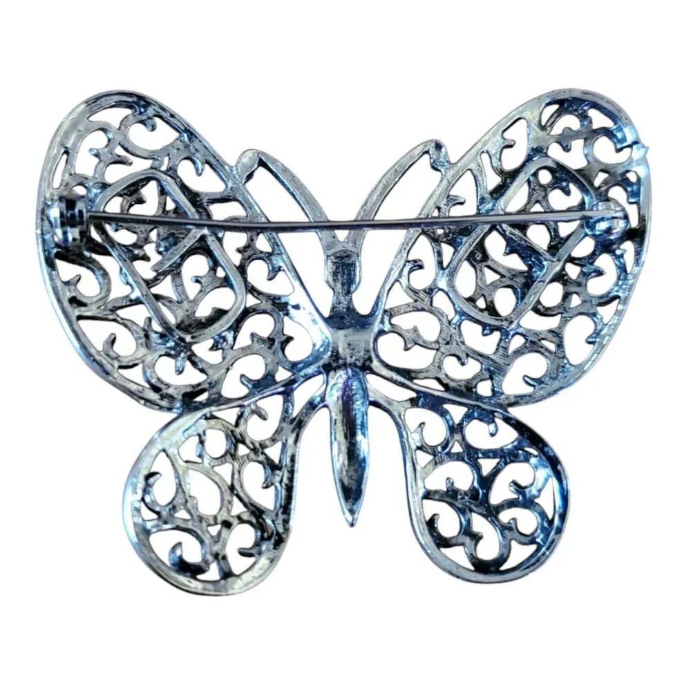 Vintage Filigree Butterfly Brooch Silver Tone Classic Fashion Pin Badge Moth EUC - Image 2