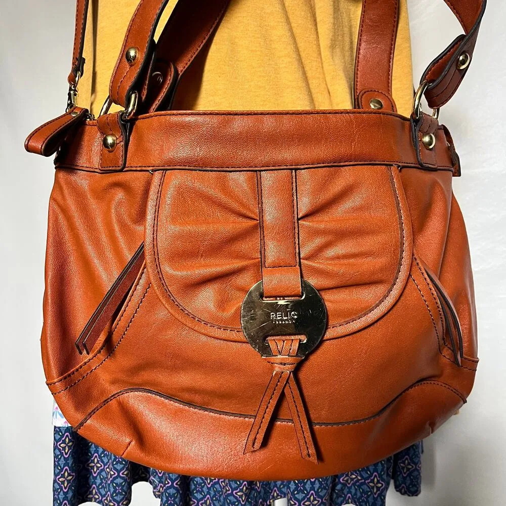 Relic Hand Crossbody Satchel Purse Shoulder Bag Orange Rust Vegan Leather - Image 3