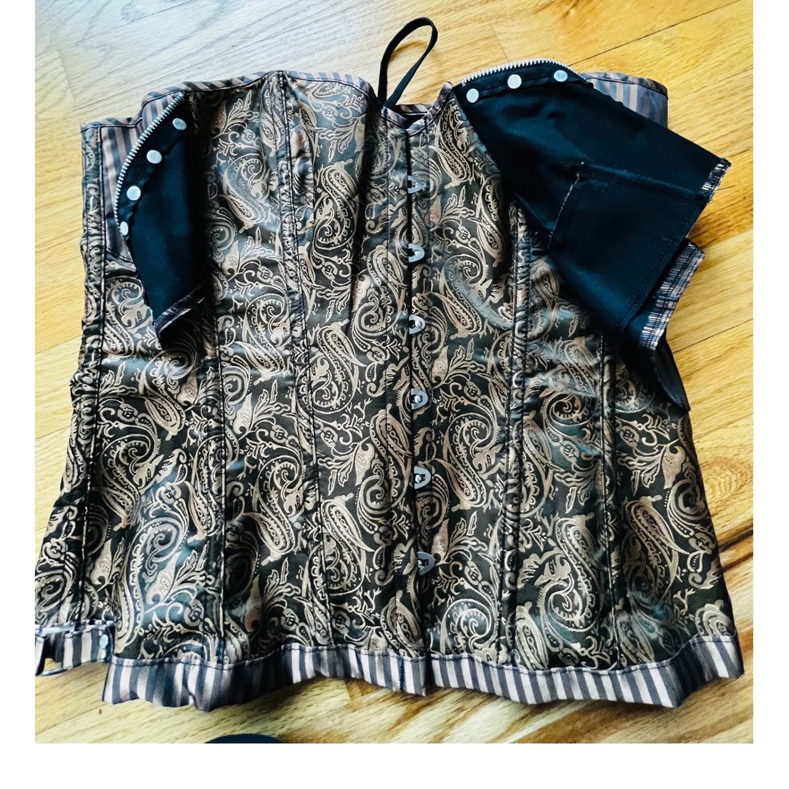 CHARMIAN Steampunk Corset Bustier Zipper Laces Paisley Stripe Print 2XL Brown Size undefined - Image 9