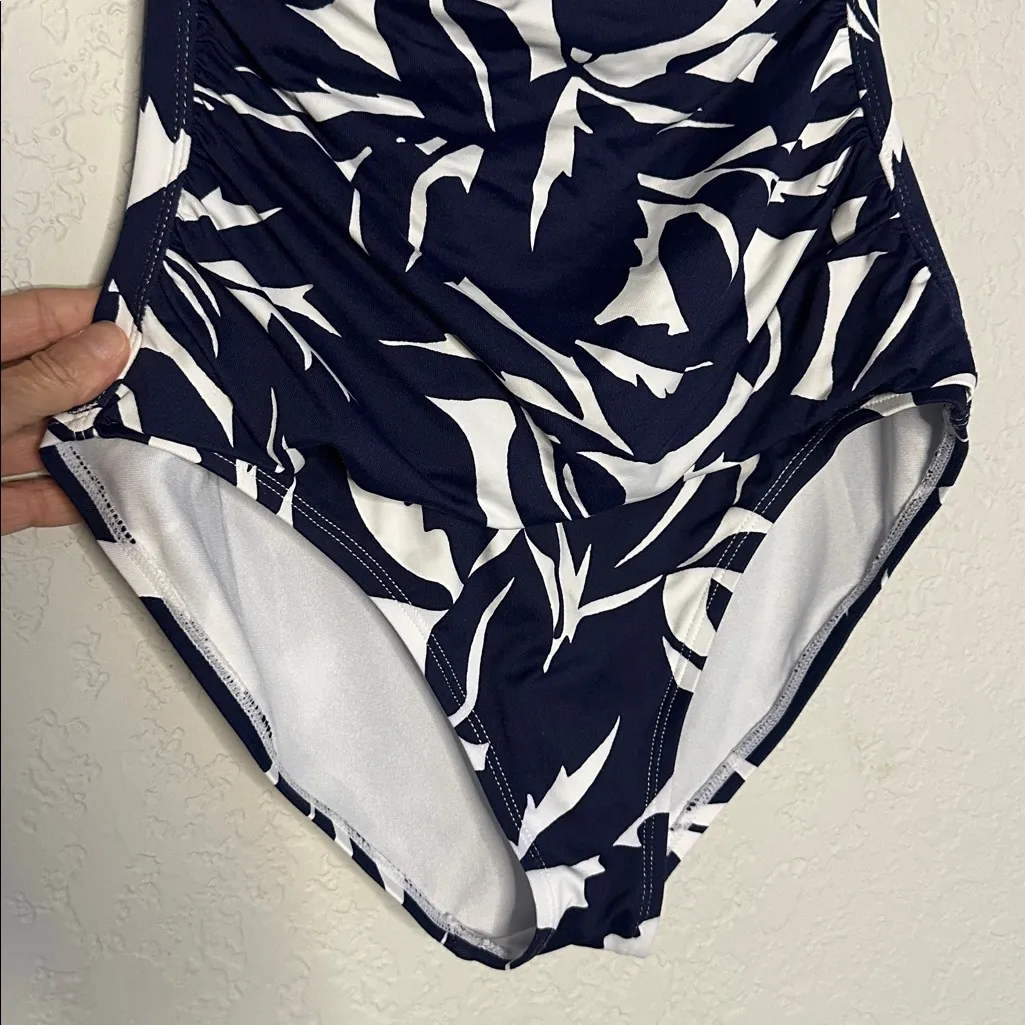 Tommy Bahama Graphic Jungle Shirred Bandeau Navy Blue Halter One Piece Swimsuit - Image 6
