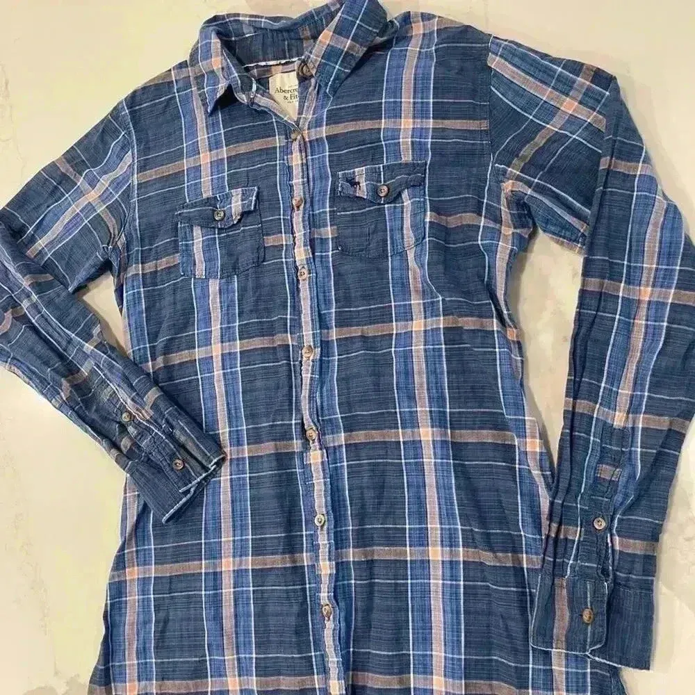 Abercrombie & Fitch Blue Flannel Plaid LongSleeve Shirt Dress Tunic Womens Small - Image 2