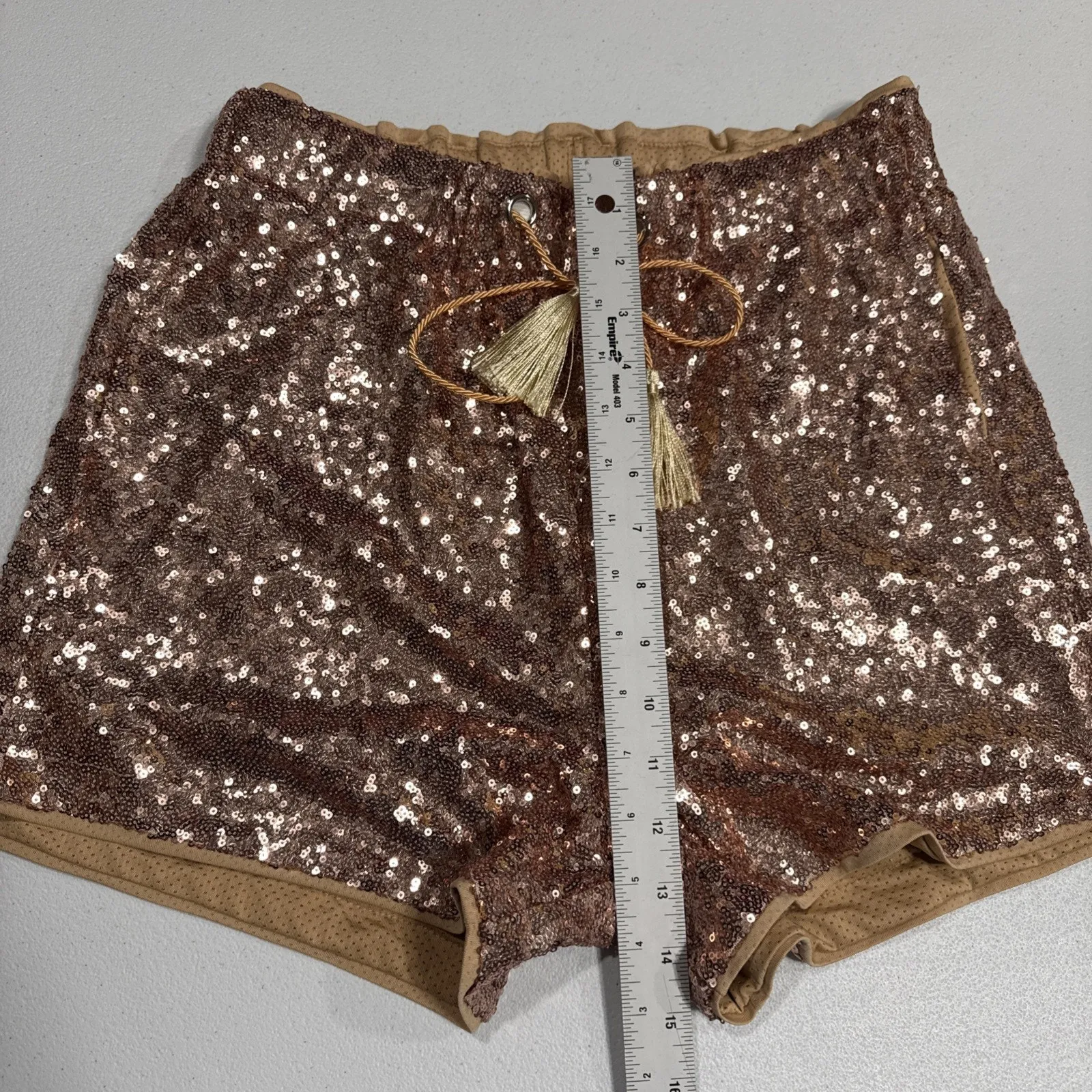 Womens Rose Gold Sequined Shorts Small Pull On Tassels Drawstring Lined Pockets - Image 6