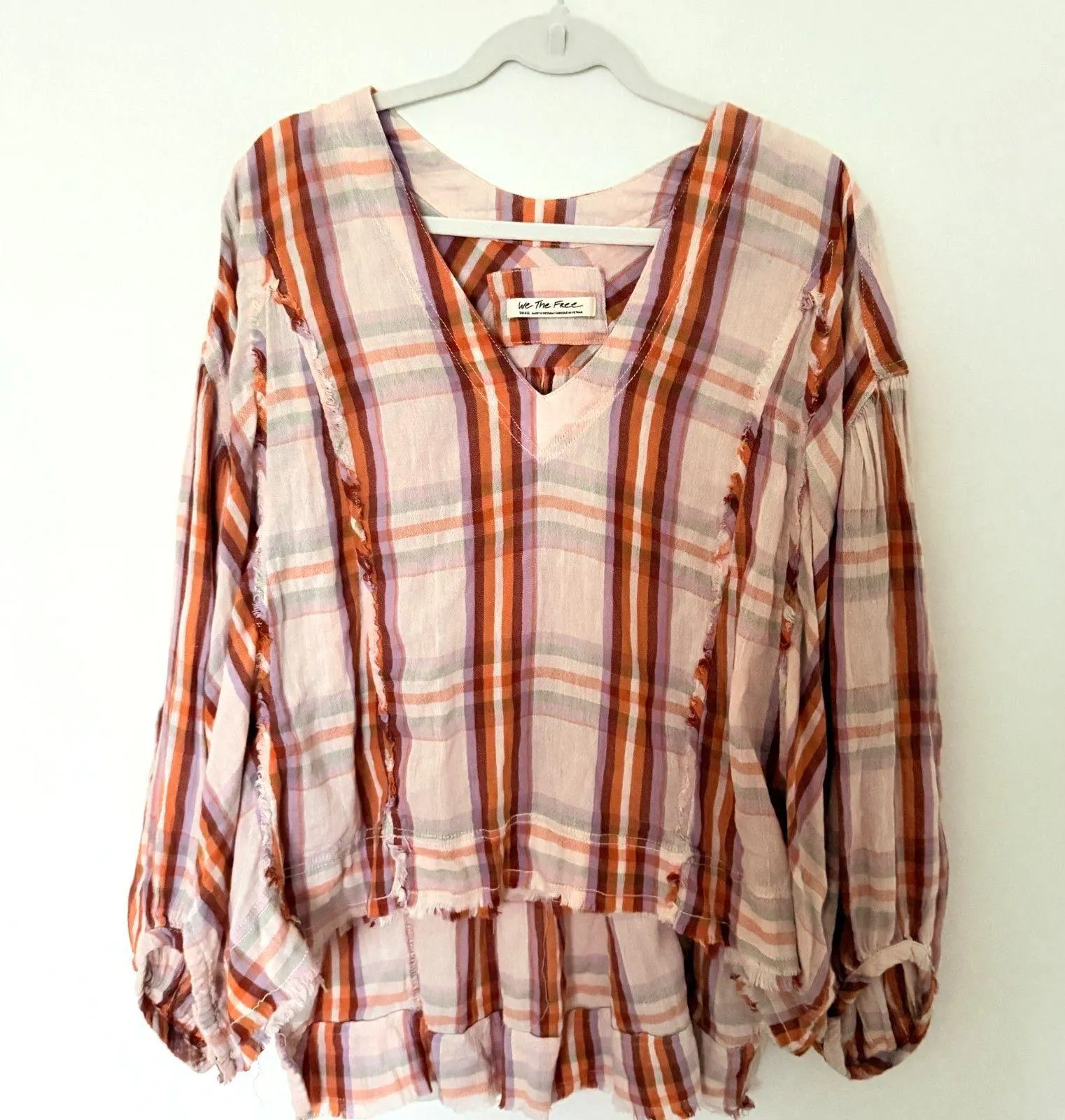 Free People Solstice Plaid Oversized Blouse Raw Seam Side Slits Long Sleeve Sz S - Image 2