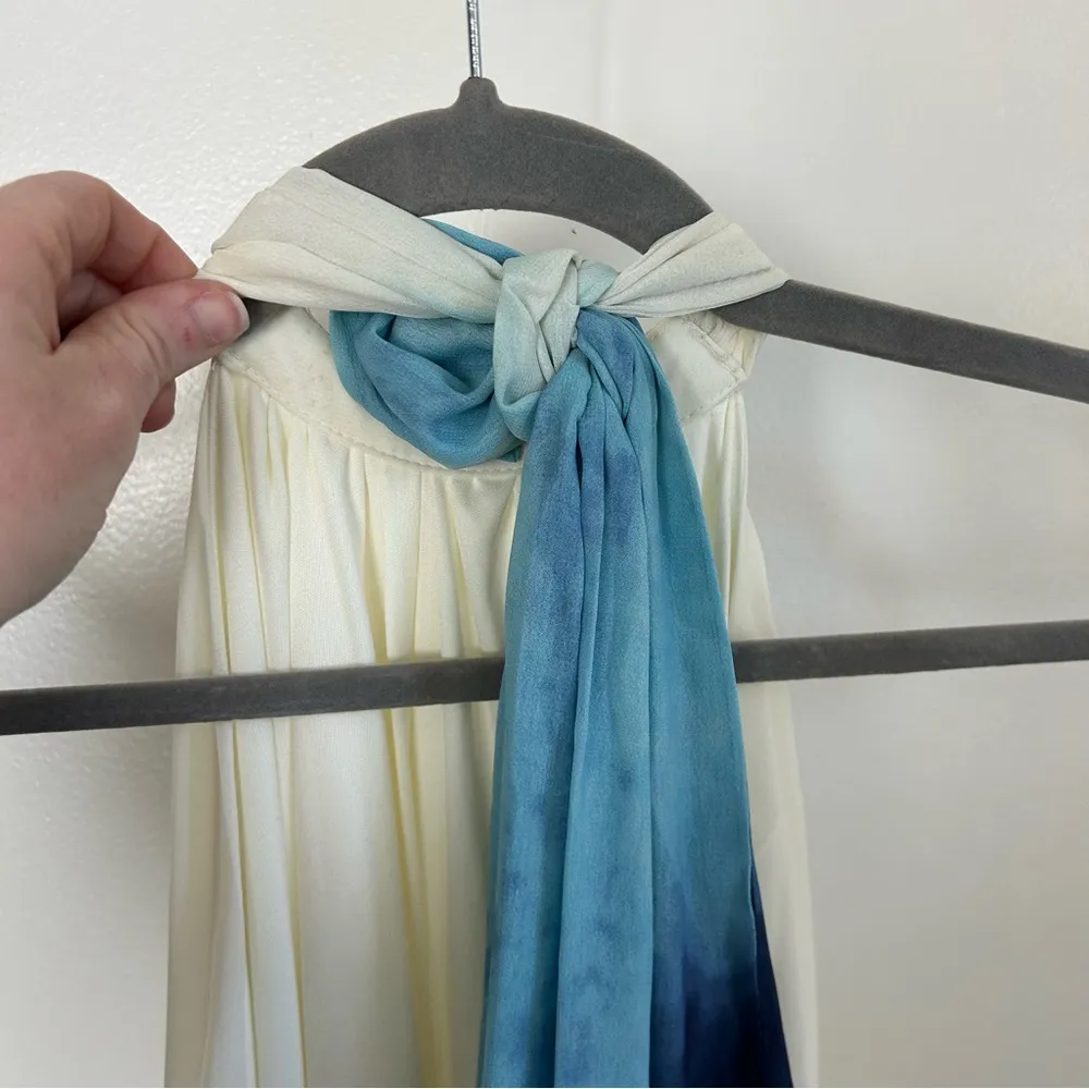 Luxxel Cream Blue Dip Dye Tie Neck Low Back Maxi Dress S - Image 5