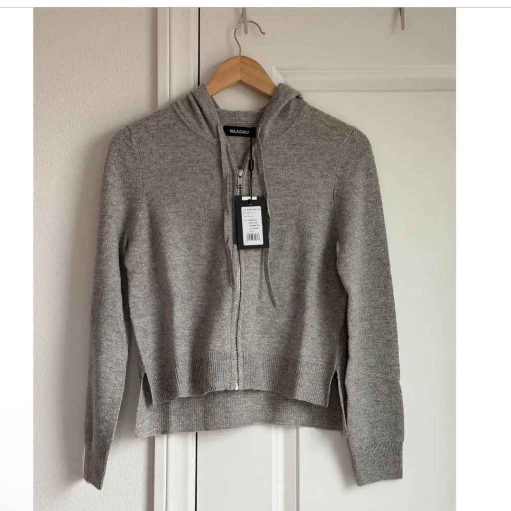 Naadam Signature Cashmere Cropped Zip Up Hoodie in Cement, Size Small - Image 8