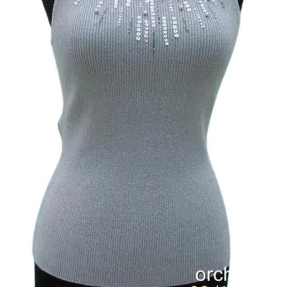 Cache Pearl Bead Sequin Encrusted Metallic Silver Top Open Back Stretch $88 NWT - Image 3