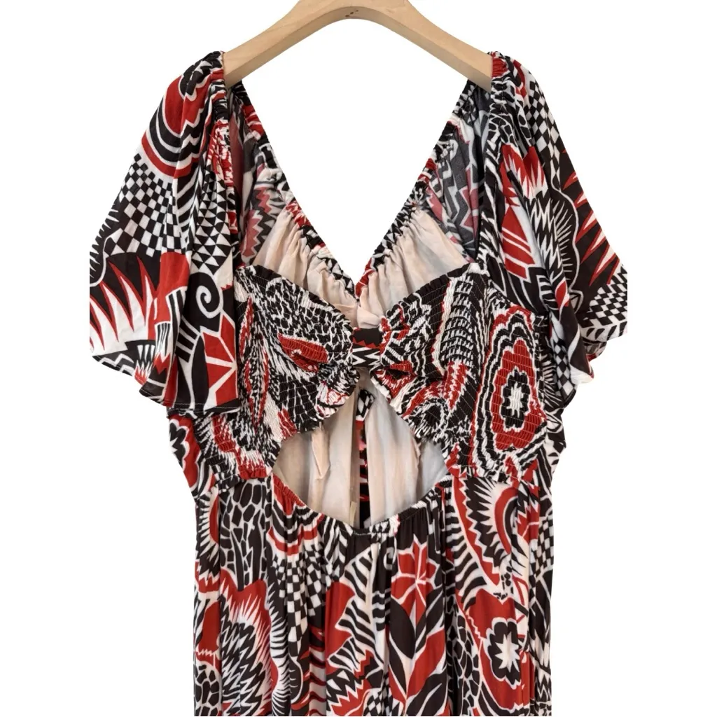 By Anthropologie XL Tiered Maxi Dress Red Pattern Short Sleeve V-Neck‎ Buttons - Image 7