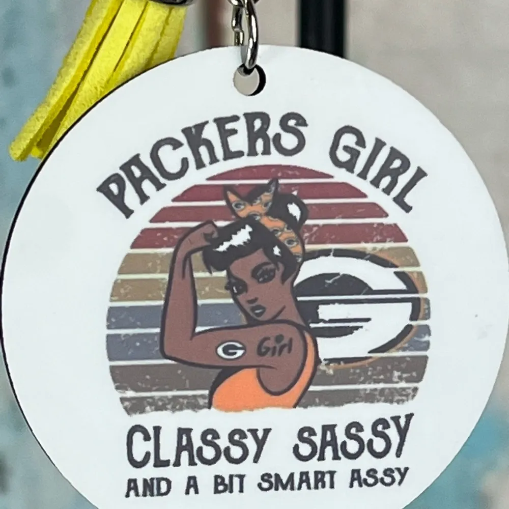 NFL Inspired Packers Girl Round Keychain With Tassel New - Image 2
