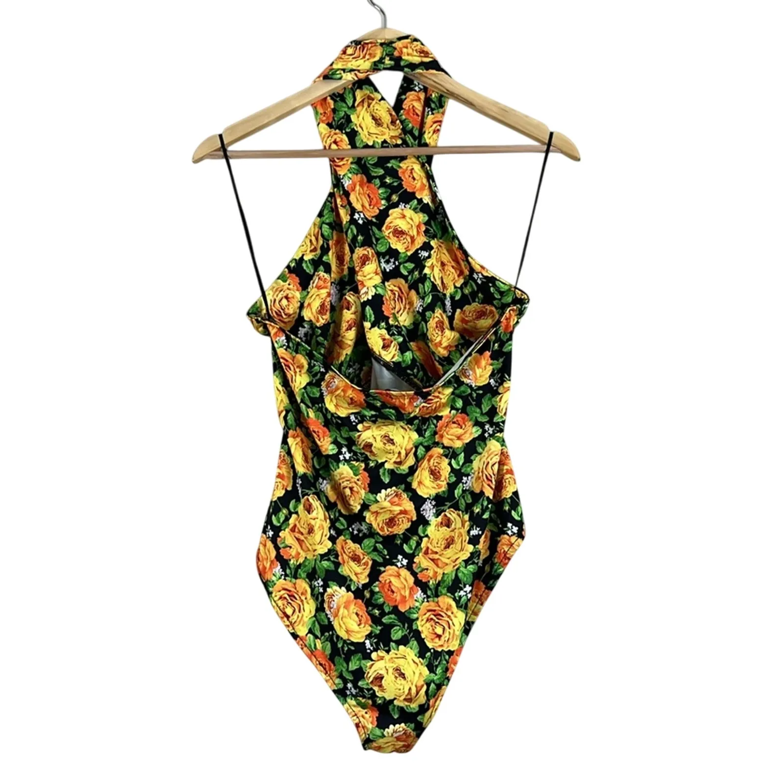 NWT Zara Bodysuit Womens L Yellow Floral Halter Neck Backless Boho Feminine - Image 7