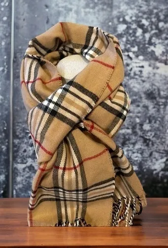 Classic Women or Men Large Plaid Darker Tan,ā Blue, Red & White Scarf Tan - Image 2