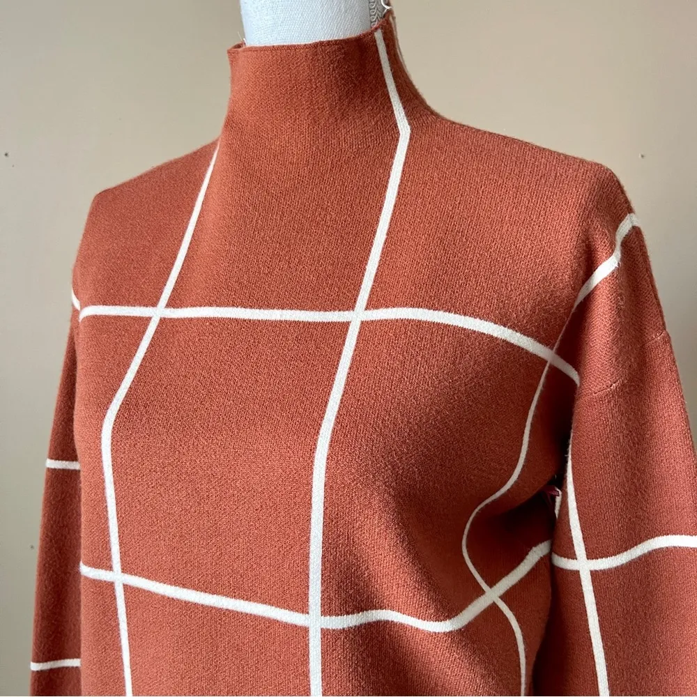 CYNTHIA ROWLEY | Rust Windowpane Plaid Mock Neck Knit Sweater Sz S - Image 4