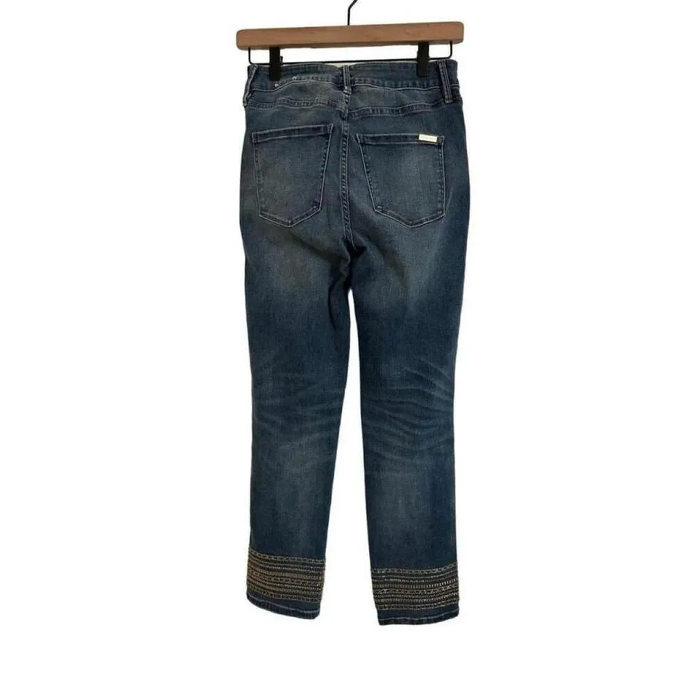 White House Black Market Jeans  0 Medium Wash Straight Leg Embroidered Hem Boho - Image 2