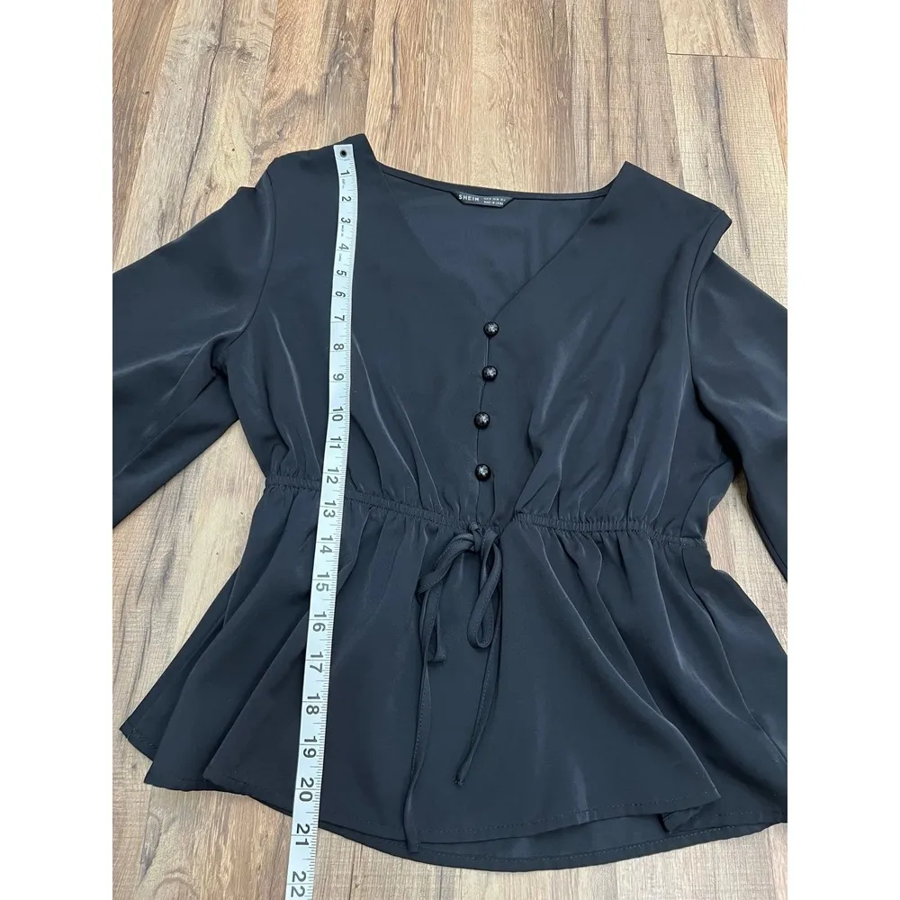 NWOT Shein Women's Black V-Neck Long Balloon Sleeve Elastic Waist Blouse, Size M - Image 6