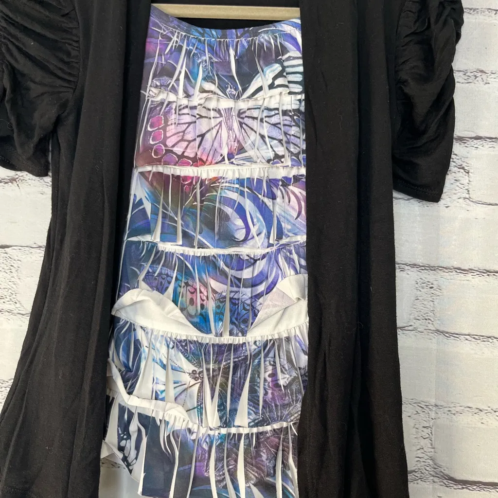 Vintage Amy Byer 90s Black Cardigan Abstract Print Ruffled Retro SZ M Casual - Image 8